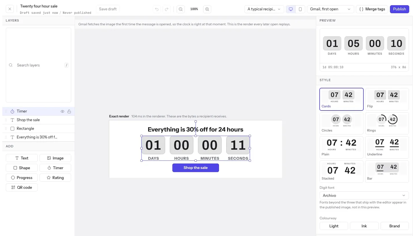The EmailTimer.App editor with a timer layer selected: the layer list on the left, the exact render on the canvas, and the timer style picker on the right