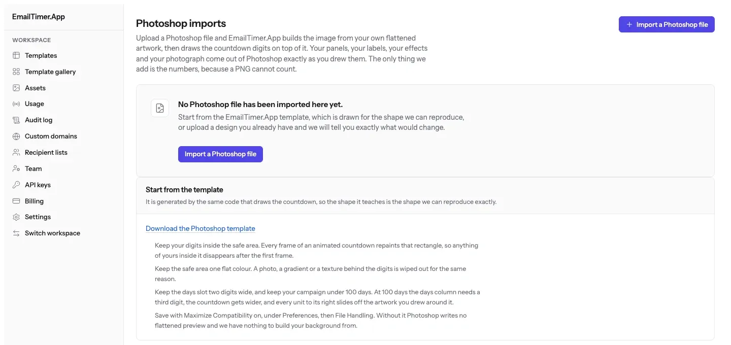 The Photoshop imports screen in EmailTimer.App, with the empty state and the four rules the template teaches underneath it