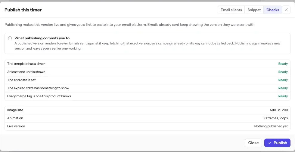 The publish dialog in EmailTimer.App listing five checks, each marked Ready, with the image size, the frame count and the live version underneath