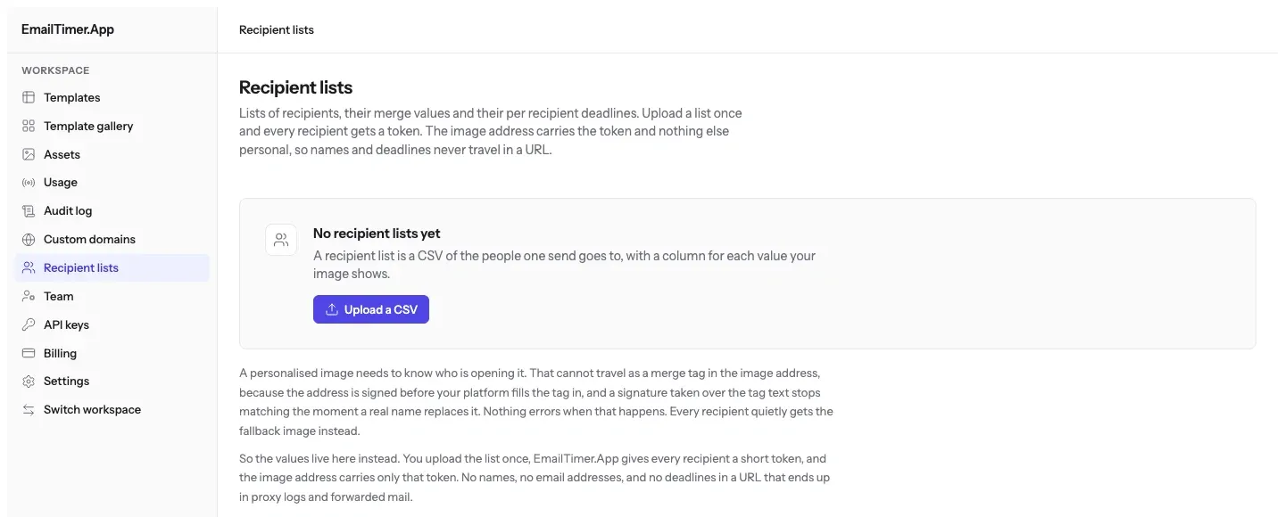 The recipient lists screen in EmailTimer.App, explaining that per-recipient values are uploaded as a CSV and the image address carries only a short token