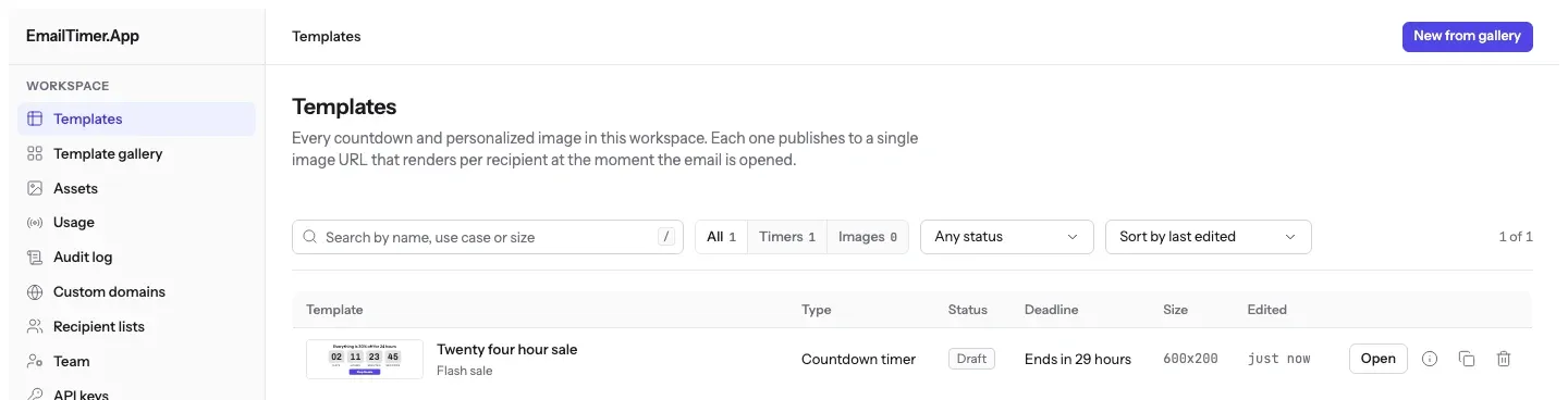 The templates screen in EmailTimer.App, listing one countdown timer template with its thumbnail, type, status, deadline and image size