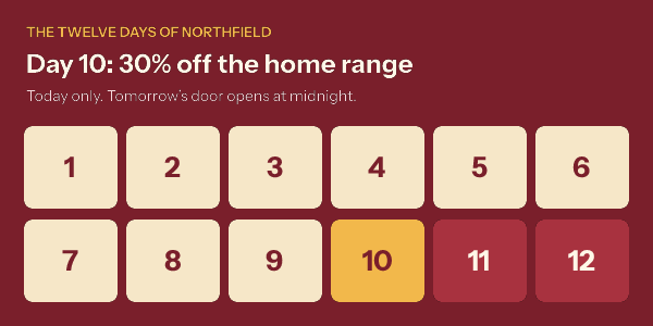 The same image opened on 10 December: doors 1 to 9 in cream, door 10 in gold, doors 11 and 12 closed, headline Day 10: 30% off the home range