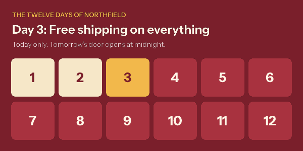 Advent calendar image on day 3: doors 1 and 2 opened in cream, door 3 highlighted in gold, doors 4 to 12 still closed, above the line Day 3: Free shipping on everything