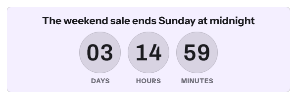 Weekend sale countdown reading 03 days 14 hours 59 minutes, drawn for an open at 09:00 on Thursday