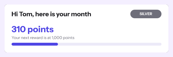 Hi Tom, here is your month: a grey badge reading SILVER, 310 points, and a progress bar about a third of the way