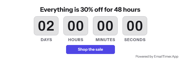 A sale countdown reading 02 days, with Powered by EmailTimer.App in small grey text in the bottom right corner
