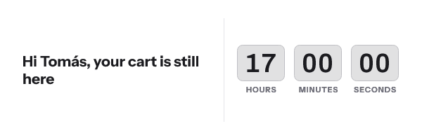 The same banner reading Hi Tomás, your cart is still here, with the countdown at 17 hours