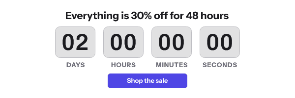 Countdown banner in English: Everything is 30% off for 48 hours, with 02 days 00 hours 00 minutes 00 seconds and a Shop the sale button
