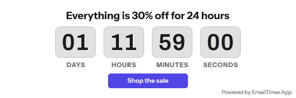 A sale countdown reading 01 days, 11 hours, 59 minutes, with the small grey text Powered by EmailTimer.App in the bottom right corner