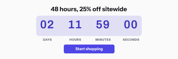 Forty eight hour strip: 48 hours, 25% off sitewide, with its countdown