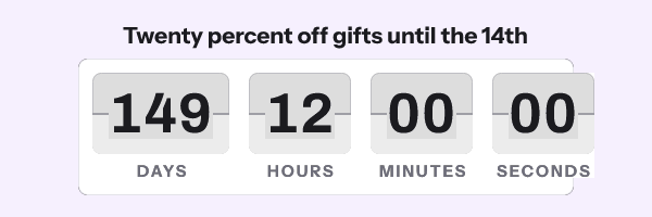 Valentines Day: Twenty percent off gifts until the 14th, with its countdown