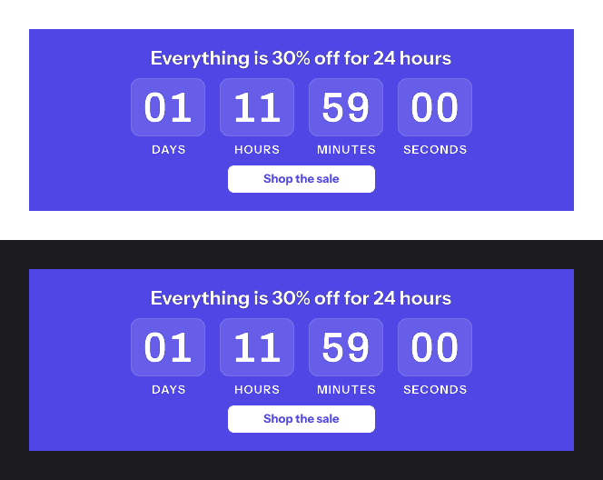 The same timer on a solid indigo panel with white digits and labels, shown on a white email and on a near-black email, readable on both.