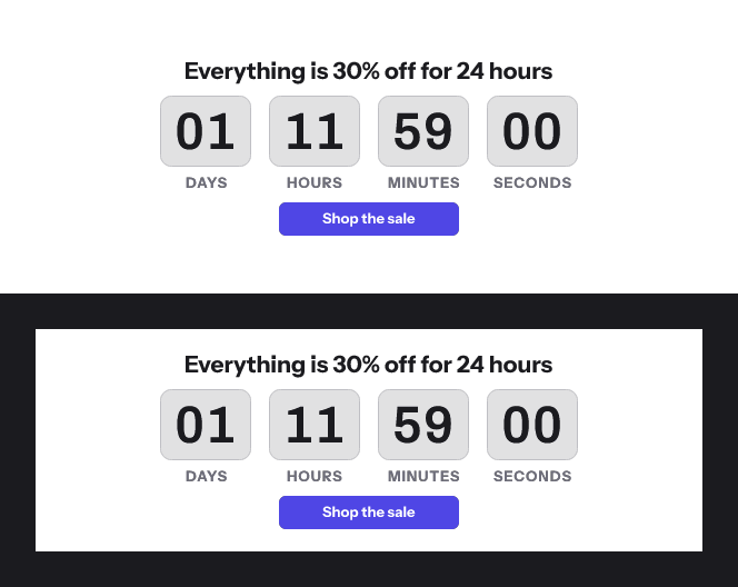 The Twenty four hour sale timer, drawn on white, shown on a white email and again on a near-black email, where it stands out as a white block.