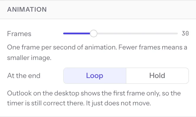 The Animation section of the timer panel: a Frames slider at 30, and an At the end control with Loop selected and Hold beside it.