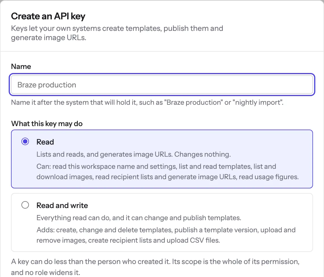 The Create an API key dialog: a Name field, and a choice between Read, which lists, reads and generates image URLs and changes nothing, and Read and write.