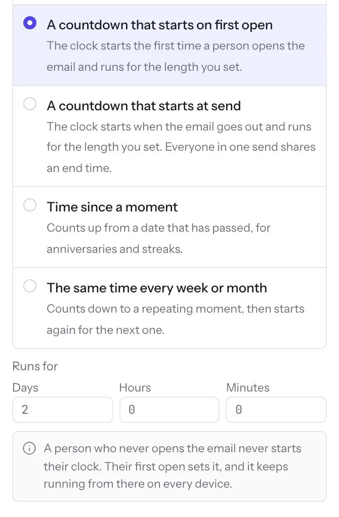 The Counts to section with A countdown that starts on first open selected, and Runs for set to 2 days, 0 hours, 0 minutes, above a note that a person who never opens the email never starts their clock.