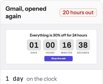 The Gmail, opened again preview card, marked 20 hours out.