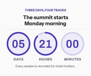 A 300 by 250 timer headed Three days, four tracks and The summit starts Monday morning, with rings for 05 days, 21 hours and 00 minutes, and a line saying every session is recorded for ticket holders.