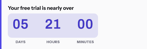 The same countdown design reading 05 days 21 hours 00 minutes, for a subscriber whose trial ends later