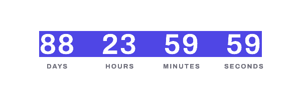 The EmailTimer.App Photoshop template: an indigo panel showing 88 23 59 59 in white, with the words DAYS, HOURS, MINUTES and SECONDS underneath it.