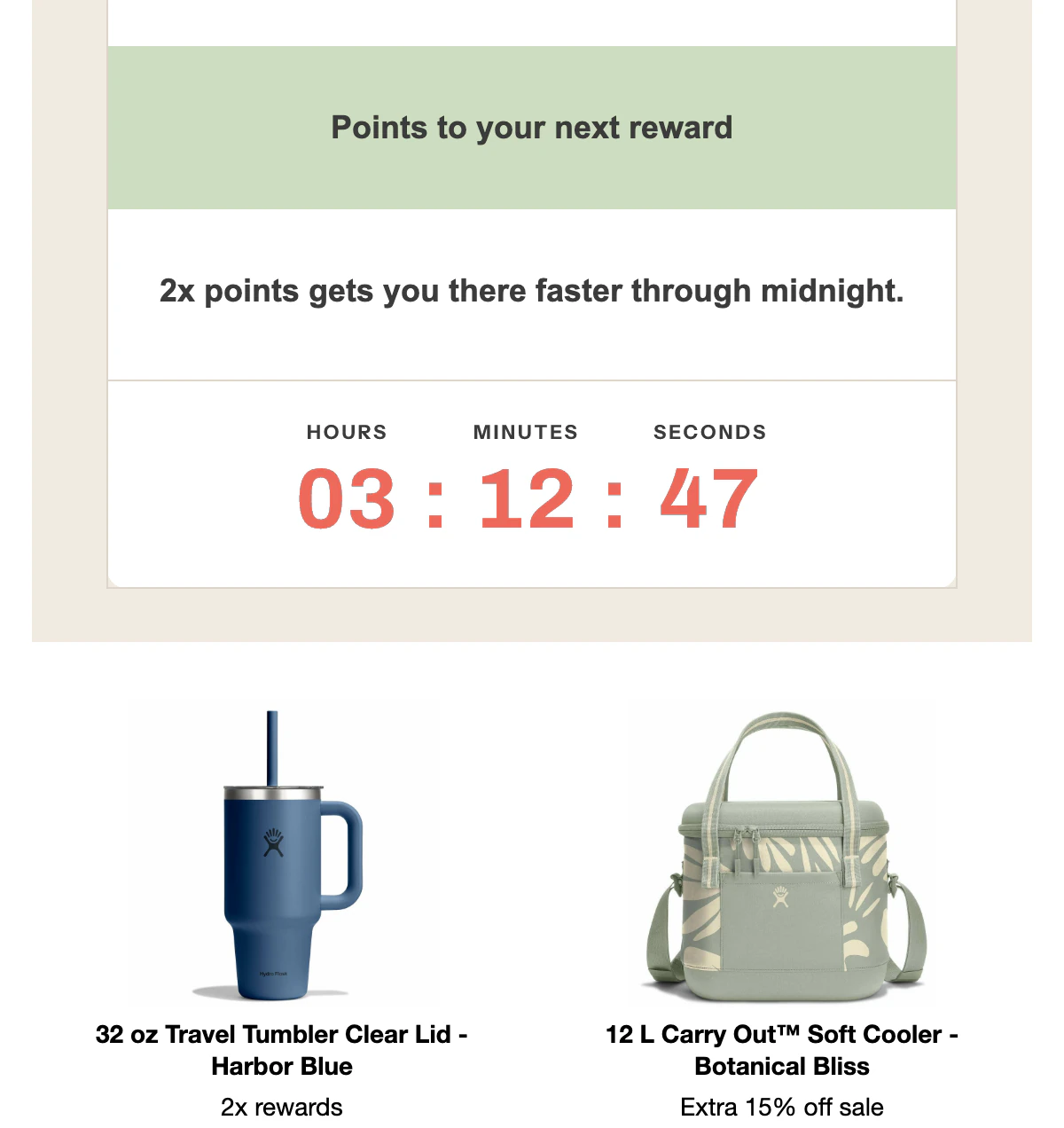 The Hydro Flask members week email with a coral countdown at the foot of the Points Status card.