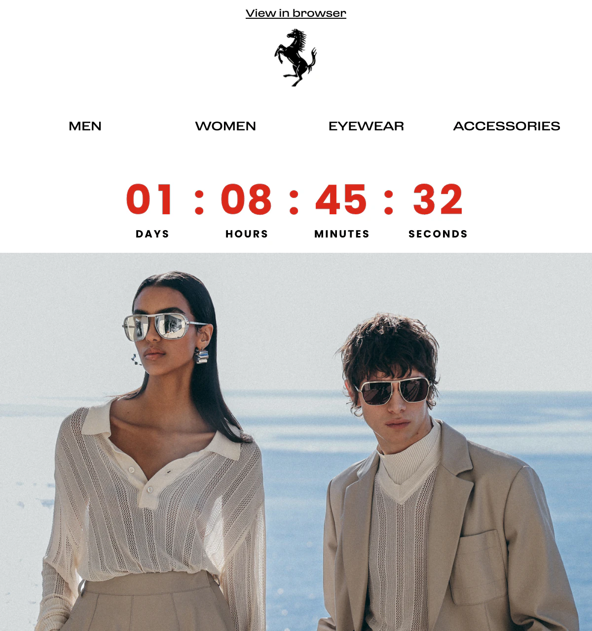 The Ferrari private sale email with a red countdown on white under the navigation, in place of Ferrari's own.