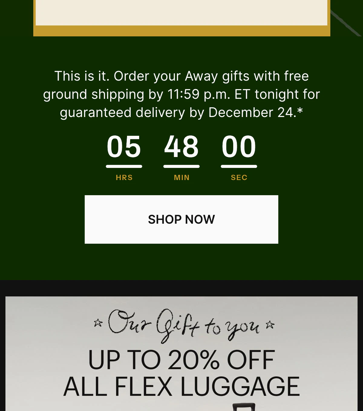 The AWAY free shipping email with a countdown in white and gold on the dark green shipping panel, above Shop now.