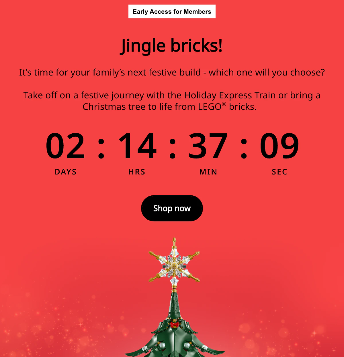 The LEGO holiday email with a black countdown on the red Jingle bricks panel, above the Shop now button.