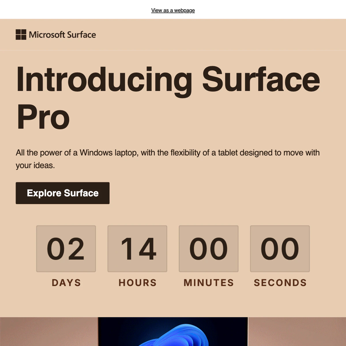 The Microsoft Surface Pro launch email with a countdown on tan cards inside the header card, under the Explore Surface button.
