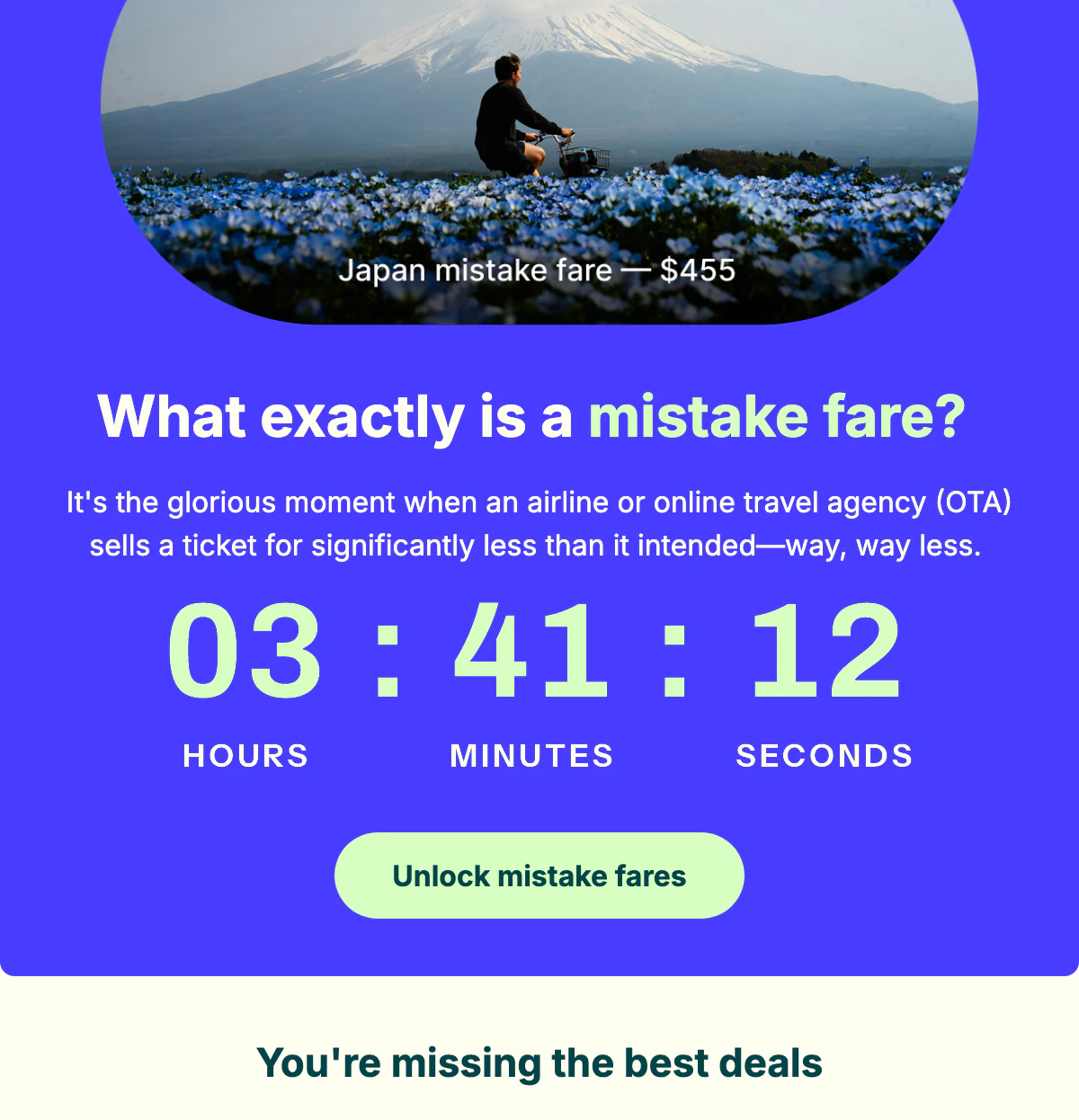 The Going mistake fare email with a mint countdown on the blue hero, right above the Unlock mistake fares button.