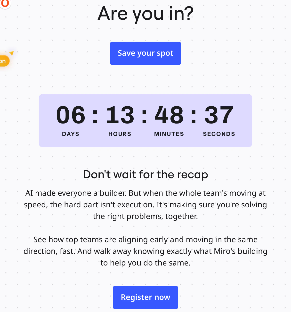 The Miro Canvas 26 keynote reminder with a countdown on lilac under the Save your spot button, in place of Miro's own.