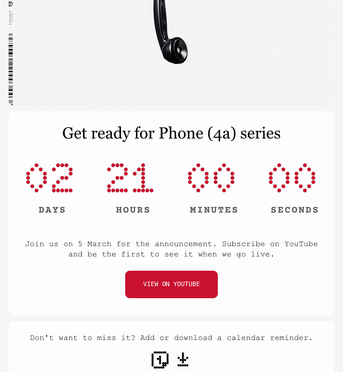 The Nothing launch teaser with a red dot matrix countdown under the Get ready for Phone (4a) series headline, in place of Nothing's own.