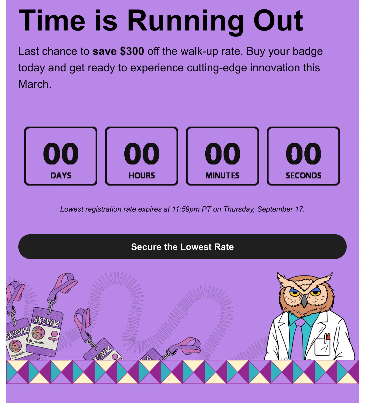 The SXSW EDU email as SXSW EDU sent it, with its own countdown