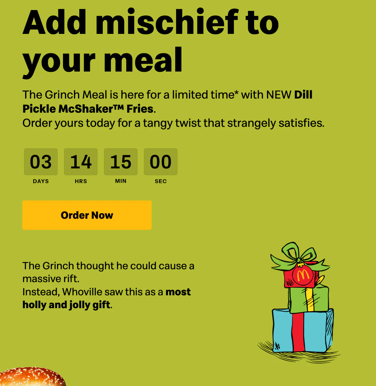 The McDonald's Grinch Meal email with a small countdown on green cards between the offer and the Order Now button.