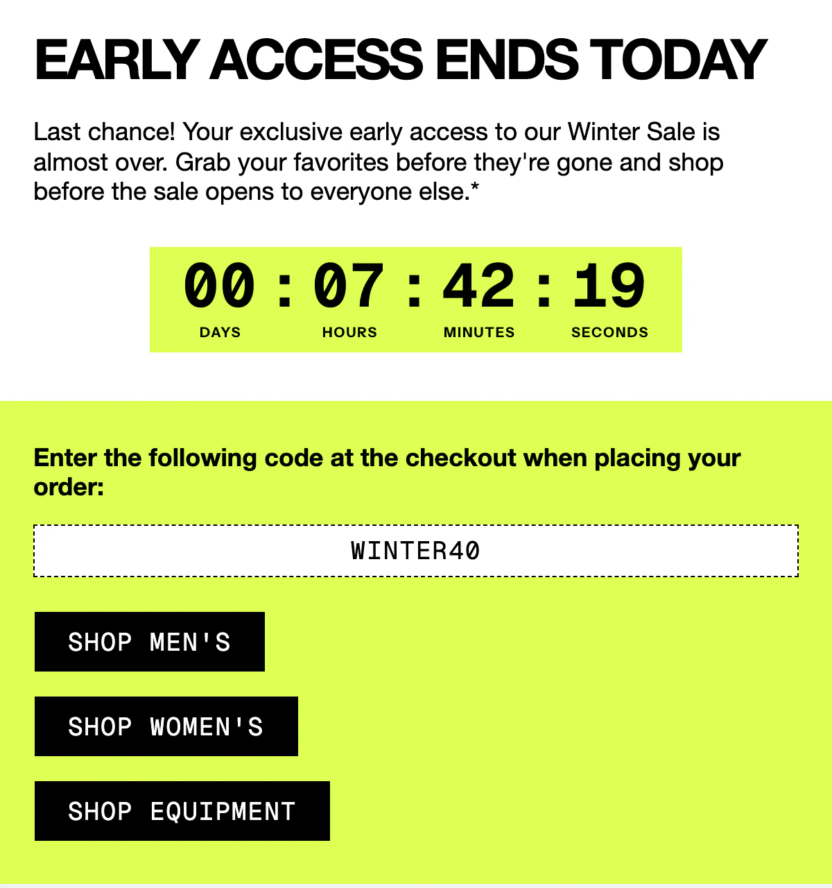 The Mammut early access email with a black countdown on a lime plate above the WINTER40 code, in place of Mammut's own.