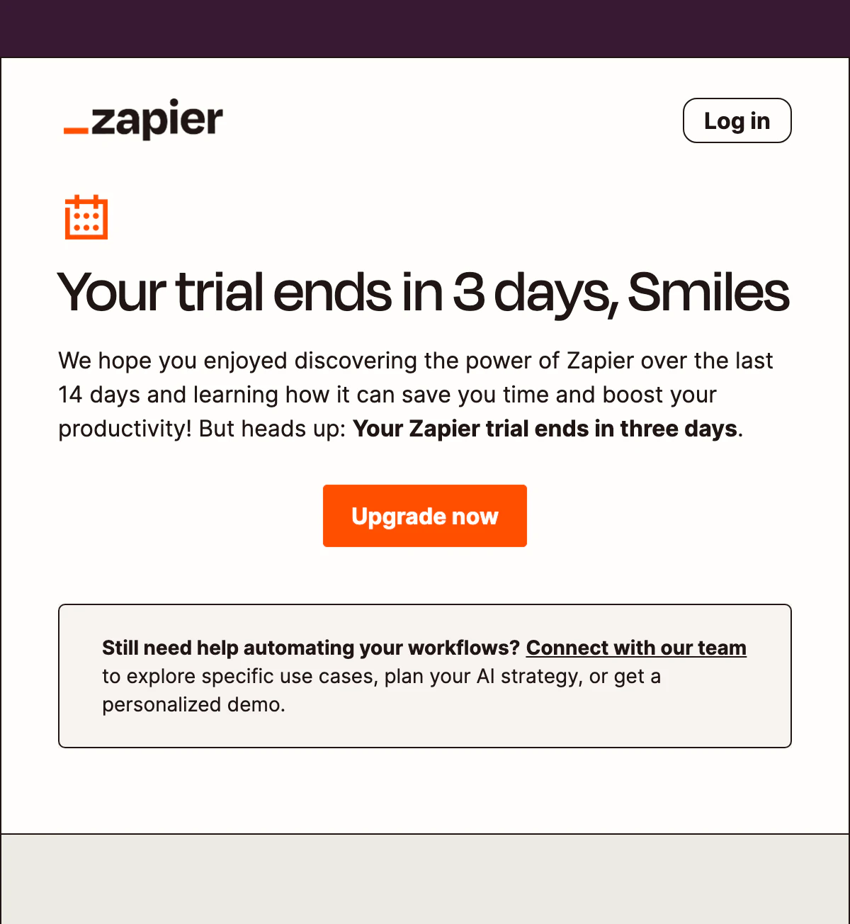 The Zapier email as Zapier sent it, with no countdown in it