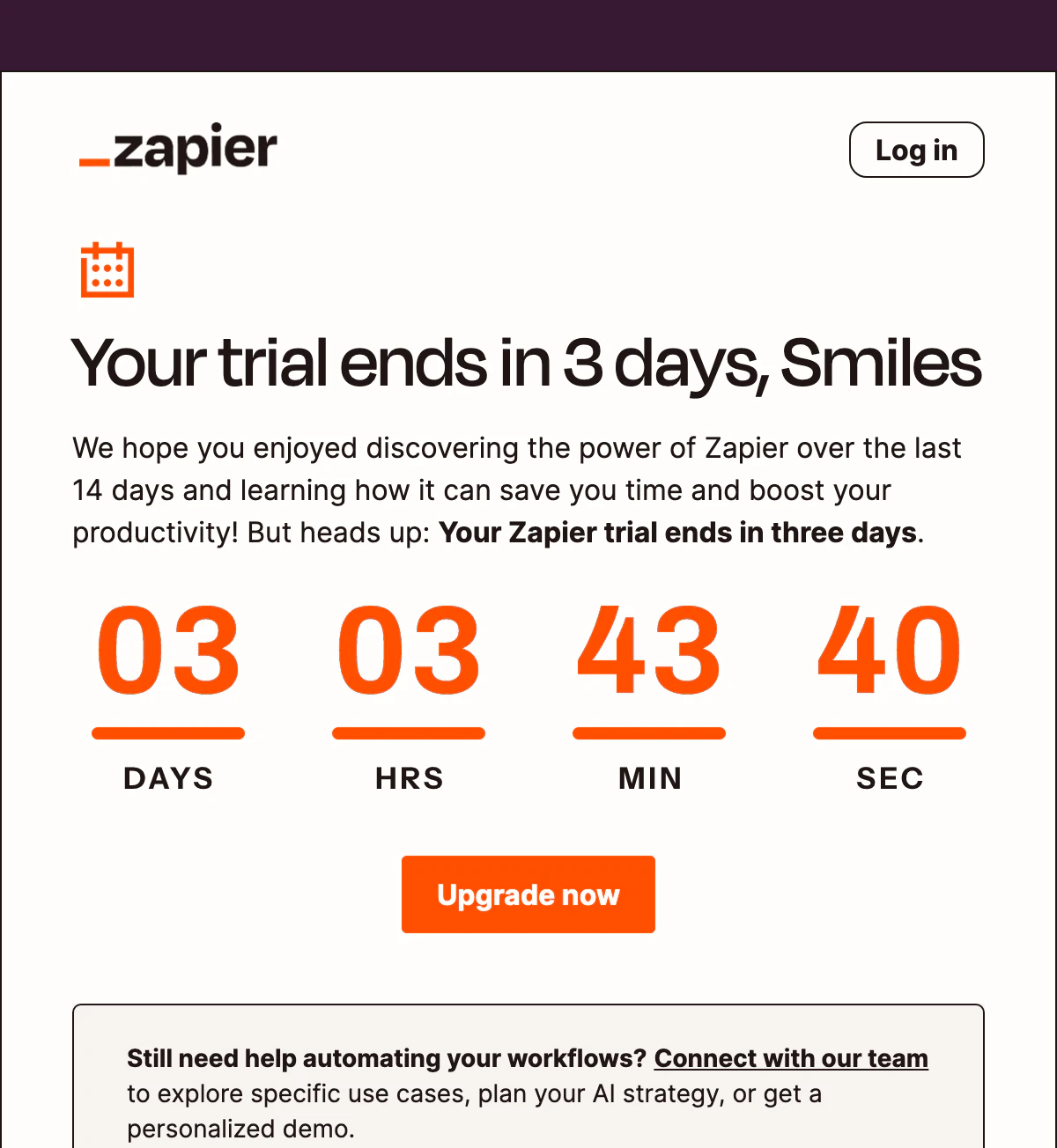 The Zapier trial email with an orange countdown on warm white between the intro and the Upgrade now button.