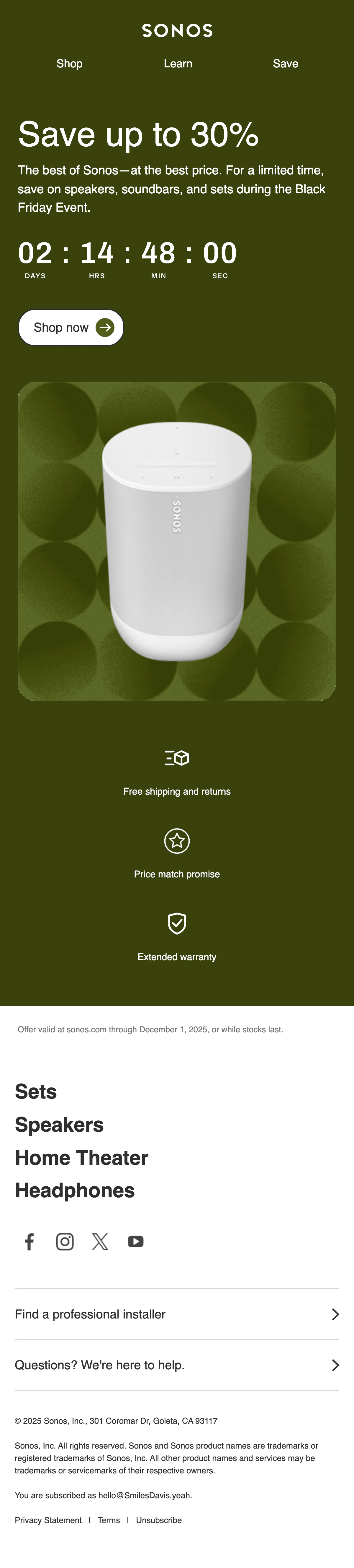 The Sonos Black Friday email with a white countdown under the headline, on the olive green hero above the Shop now button.