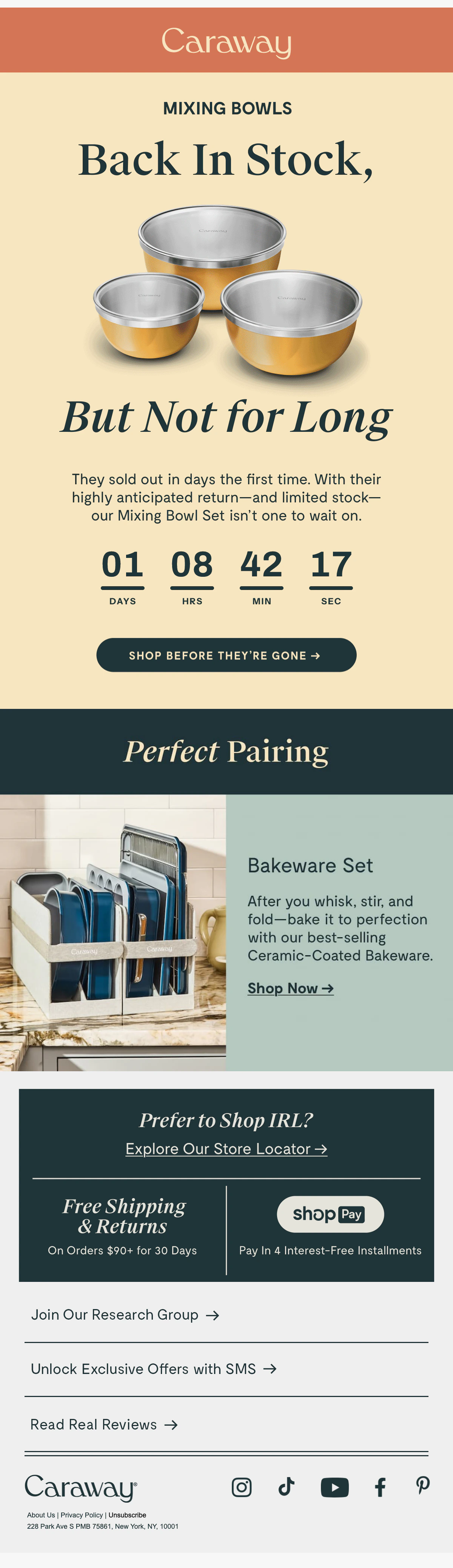 The Caraway back in stock email with a deep green countdown in the cream hero, above the Shop before they are gone button.