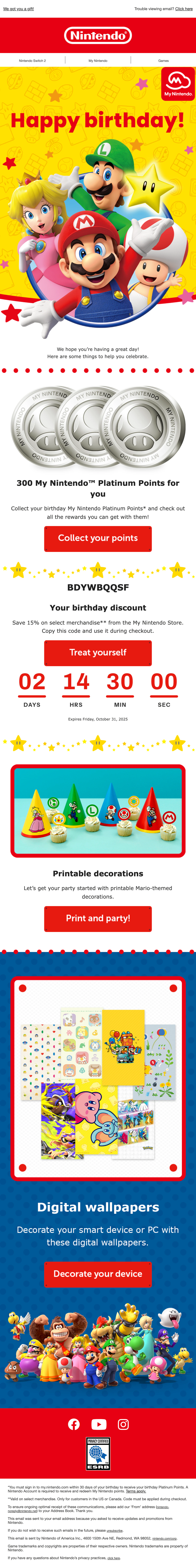 The Nintendo birthday email with a red countdown between the Treat yourself button and the code expiry line.