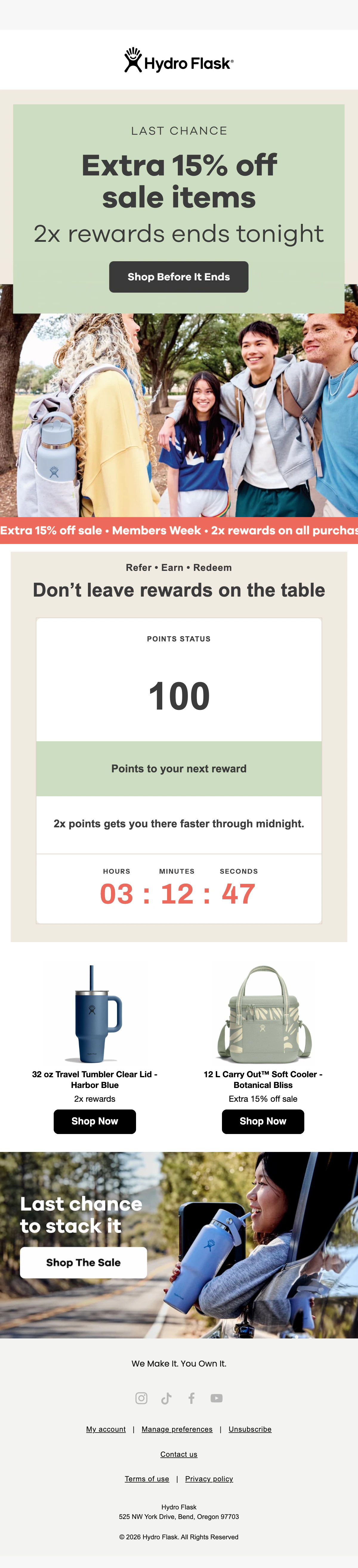 The Hydro Flask members week email with a coral countdown at the foot of the Points Status card.
