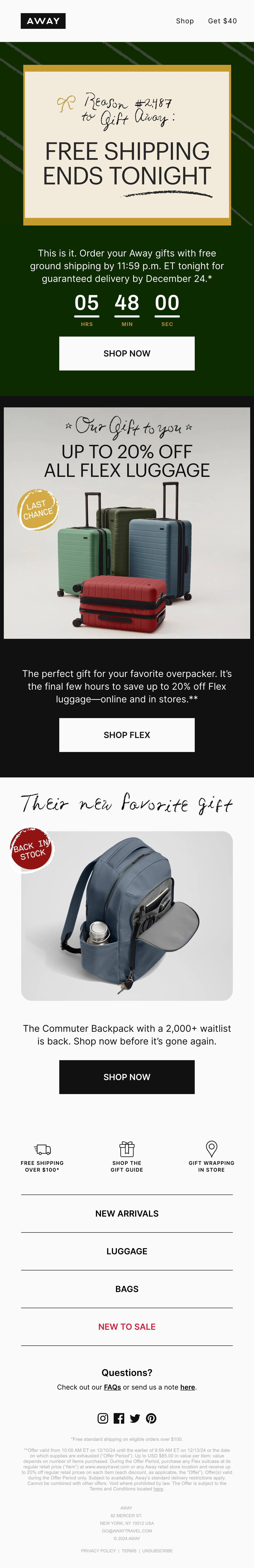 The AWAY free shipping email with a countdown in white and gold on the dark green shipping panel, above Shop now.