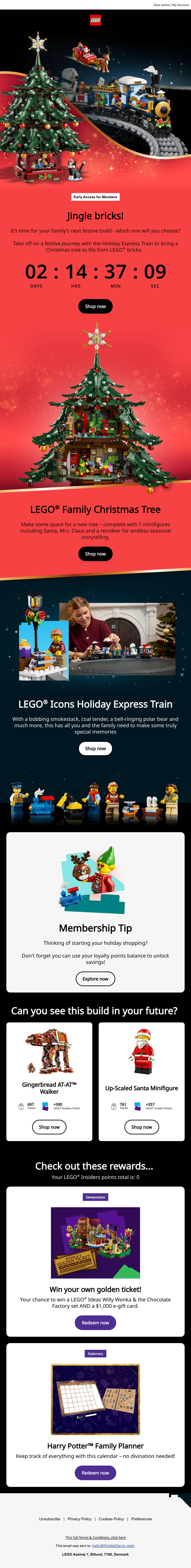 The LEGO holiday email with a black countdown on the red Jingle bricks panel, above the Shop now button.
