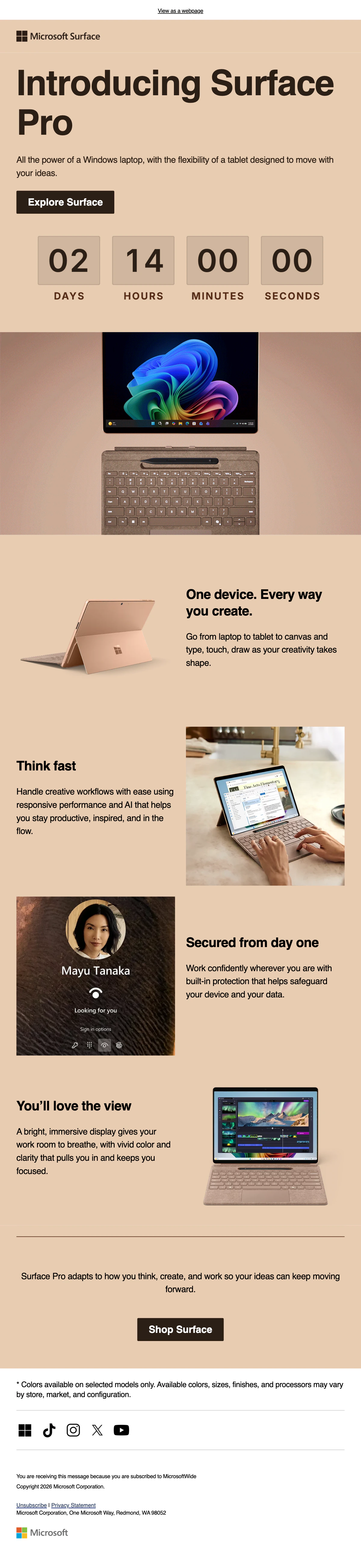 The Microsoft Surface Pro launch email with a countdown on tan cards inside the header card, under the Explore Surface button.