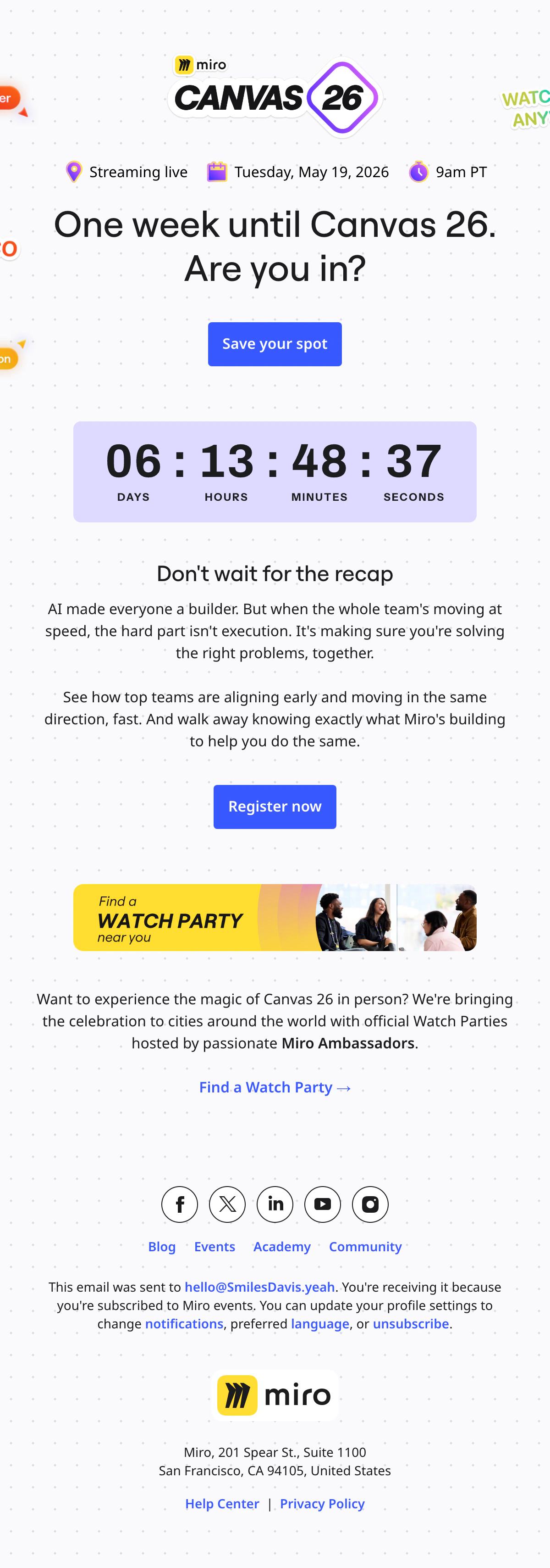 The Miro Canvas 26 keynote reminder with a countdown on lilac under the Save your spot button, in place of Miro's own.