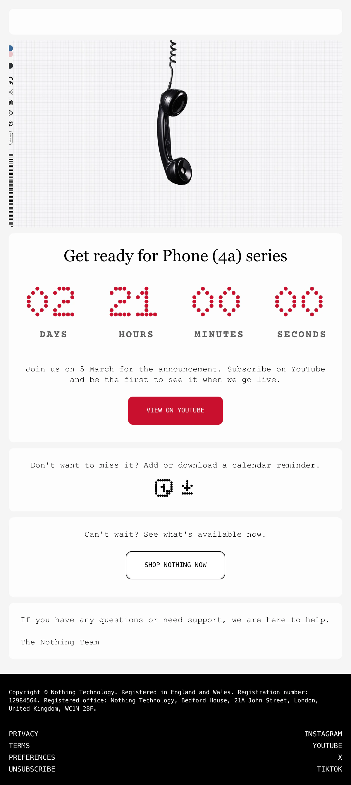 The Nothing launch teaser with a red dot matrix countdown under the Get ready for Phone (4a) series headline, in place of Nothing's own.