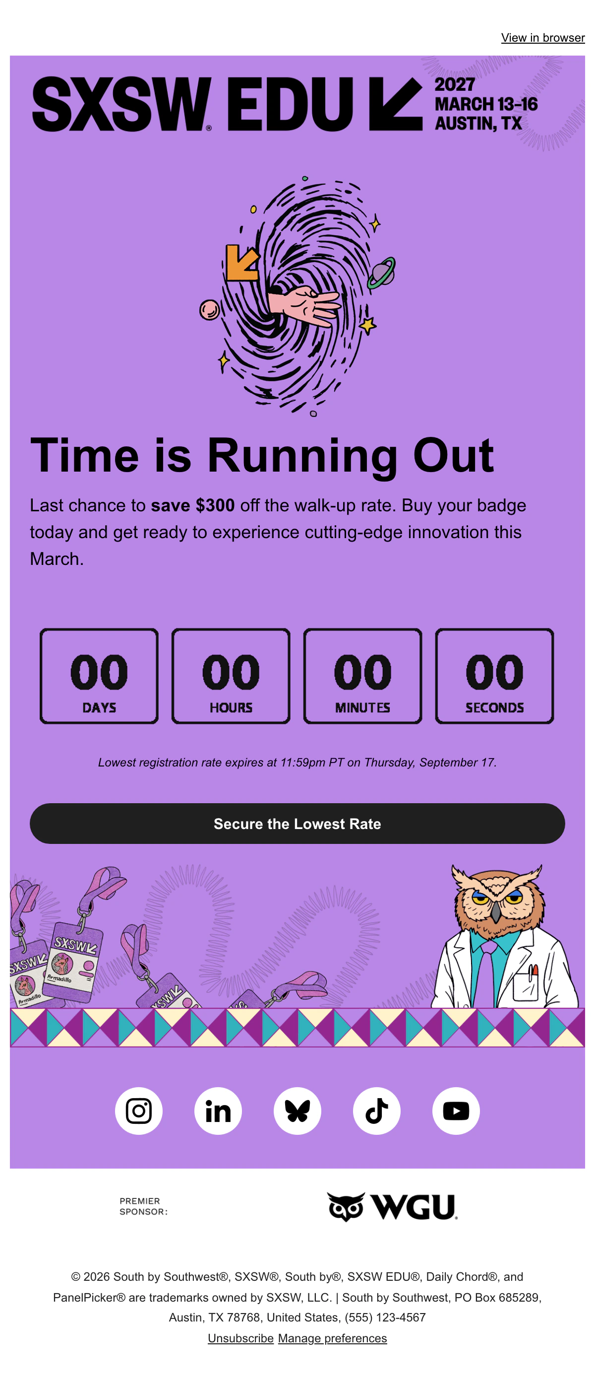 The SXSW EDU email as SXSW EDU sent it, with its own countdown