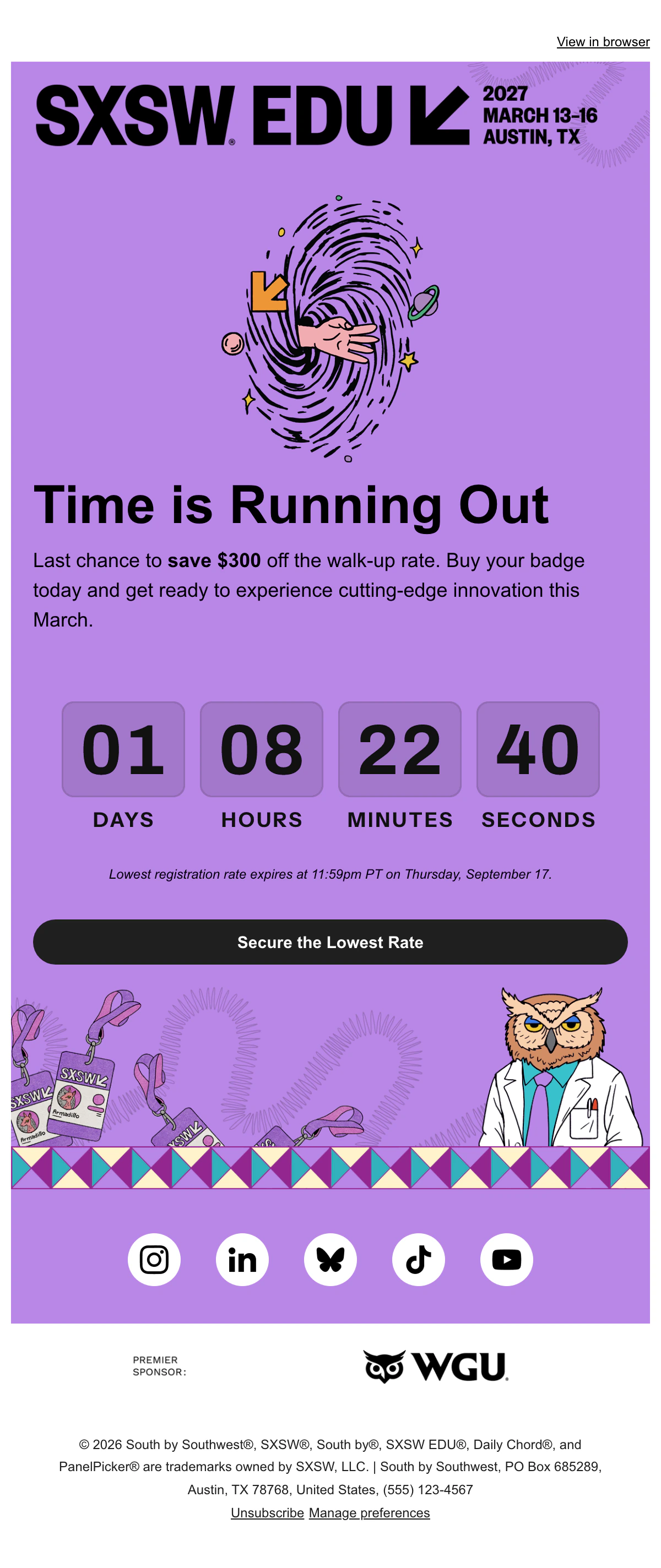 The SXSW EDU registration email with a countdown on purple cards above the Secure the Lowest Rate button, in place of SXSW EDU's own.
