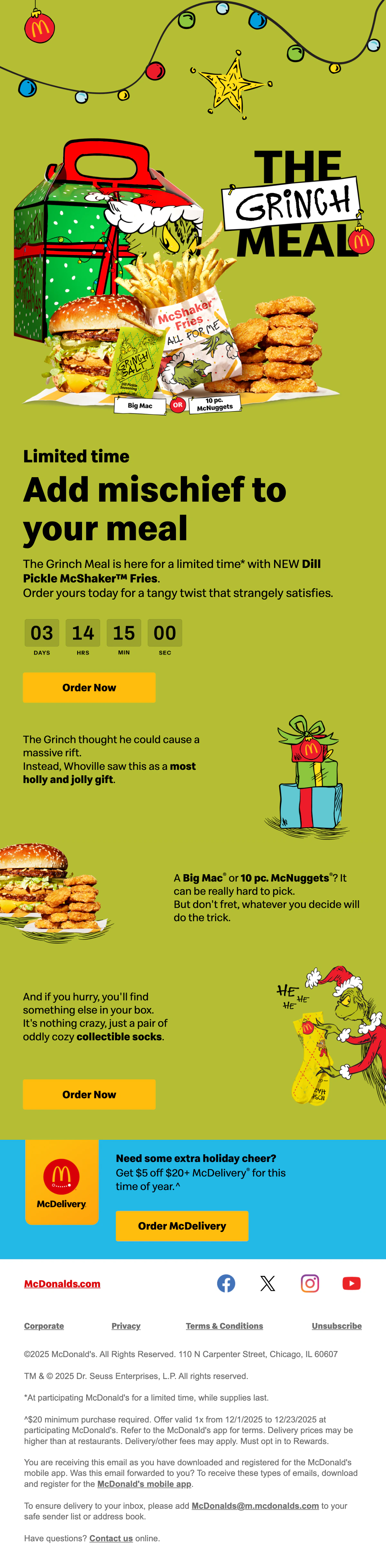 The McDonald's Grinch Meal email with a small countdown on green cards between the offer and the Order Now button.