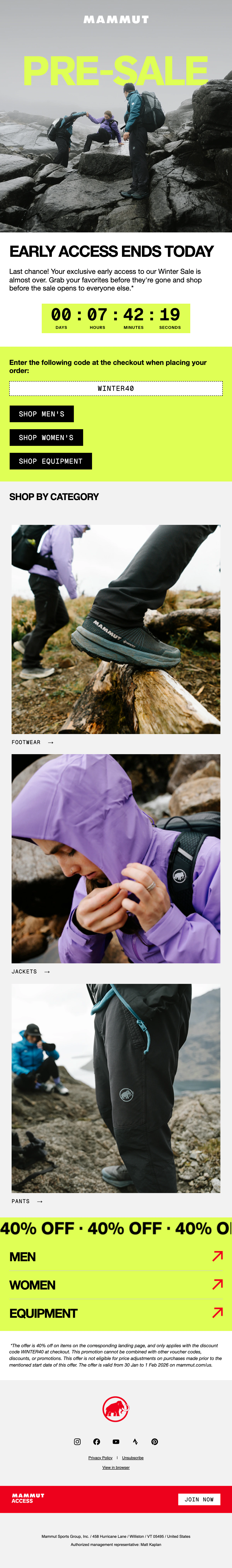 The Mammut early access email with a black countdown on a lime plate above the WINTER40 code, in place of Mammut's own.